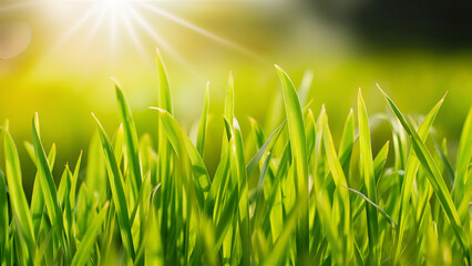 Fototapeta premium Beautiful natural background macro image of young juicy green grass in bright summer spring morning sunlight. nature outdoors, wide format with copy space. Ai generative.