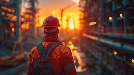 Obraz premium Construction Worker Gazing at Sunset over Industrial Complex