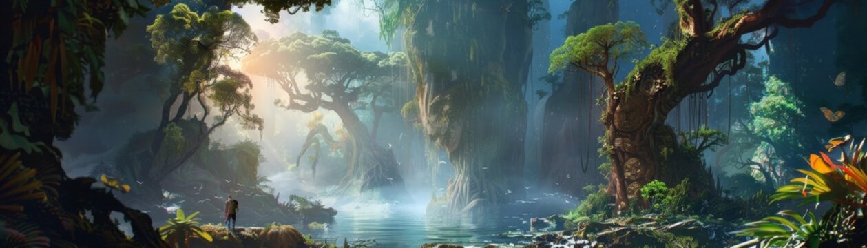 A fantasy forest with dense trees, vibrant foliage, and a magical atmosphere, illuminated by soft sunlight and filled with mystical beings and creatures.