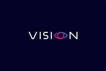 Vision Logo, letter O with eye icon combination in text Vision typography logo, vector illustration