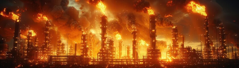Fototapeta premium Explosion at an oil factory captured midblast, debris flying and fire spreading rapidly