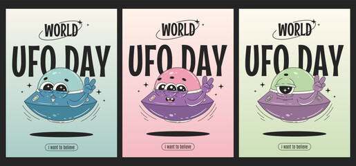 World UFO day greetings illustration. Set of cute spacecraft character in retro groovy style. Vector illustration. © Maria