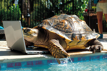 Giant Turtle Typing on Laptop as Human Splashes in Pool Gen AI