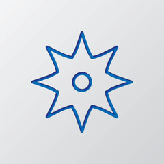 Shuriken simple icon. Flat design. Paper cut design. Cutted blue symbol with shadow. Gray background