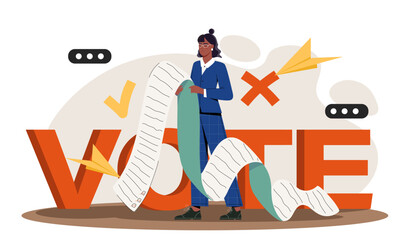 Woman voting concept. Young girl stands with list of candidates in her hands. Government elections or referendum. Democracy, independence and freedom. Cartoon flat vector illustration
