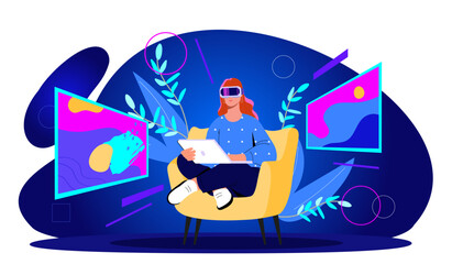 Woman in VR glasses. Young girl in virtual reality glasses. Cyberspace and metaverse. Futuristic modern technology. Computer simulation. Cartoon flat vector illustration isolated on white background