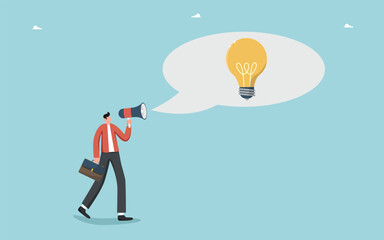 Brilliant ideas or innovations to achieve success, creative methods for solving business problems, choosing the right idea for business prosperity or career growth, leader broadcasting ideas.