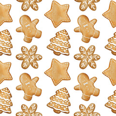 Watercolour seamless pattern of christmas gingerbread cookies on transparent background.