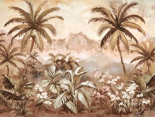 Tropical forest landscape wallpaper design - Mural wallpaper - 3D illustration. AI generated illustration