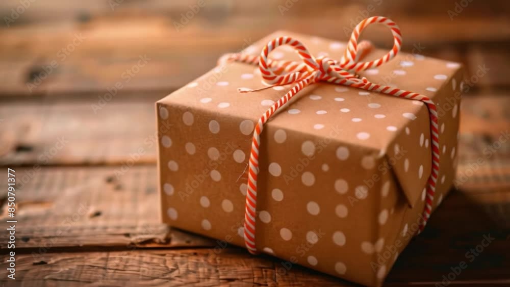 Poster this single gift box with polka dots and red and white twine sits on a rustic wooden table.