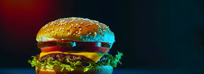 Close up of Burger with yellow and blue Lighting, High Contrast and Glowing Cool Colors. The concept of  delicious spicy fried chicken burger ads with yellow and blue lights on dark background.