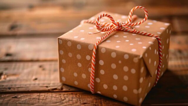 This single gift box with polka dots and red and white twine sits on a rustic wooden table.