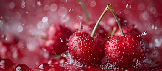 Red cherries in water with splashes and drops on a red background