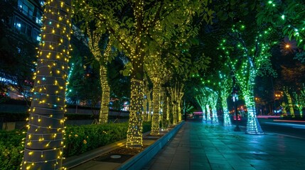 Vibrant green trees wrapped in energyefficient solar powered lights creating a festive atmosphere in the city.