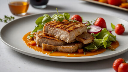 advertisement to highlight the quality of the food. Close-up shots of vibrant vegetables, juicy meats