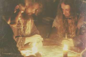 Fototapeta premium Friends Playing Adventure Tabletop Game in Candlelit Room Gen AI