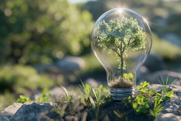 A photo of an eco-friendly light bulb with a blooming miniature green world inside, symbolizing the concept of sustainable energy, ecology, the environment and environmental protection.