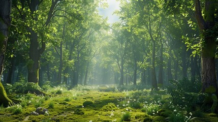 Realistic nature background with a lush, green forest and detailed trees with vibrant foliage