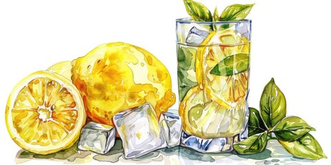 Fresh Lemonade with Ice Cubes. Watercolor Hand-drawn Illustration of Refreshing Citrus Beverage on White Background