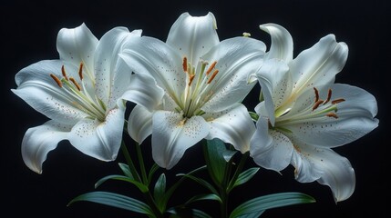 Fototapeta premium Three White Lilies on a Black Background