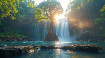 Sunrise at the Waterfall: A Tree's Embrace