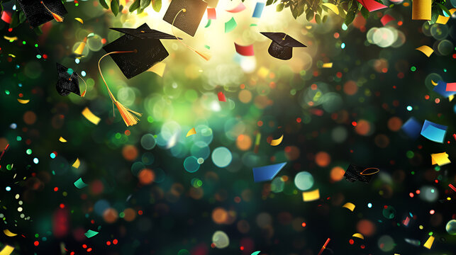 fondo de ceremonia de invitacion digital de graduacion escolar termino de estudios academicos escolares birretes en el aire y elementos decorativos