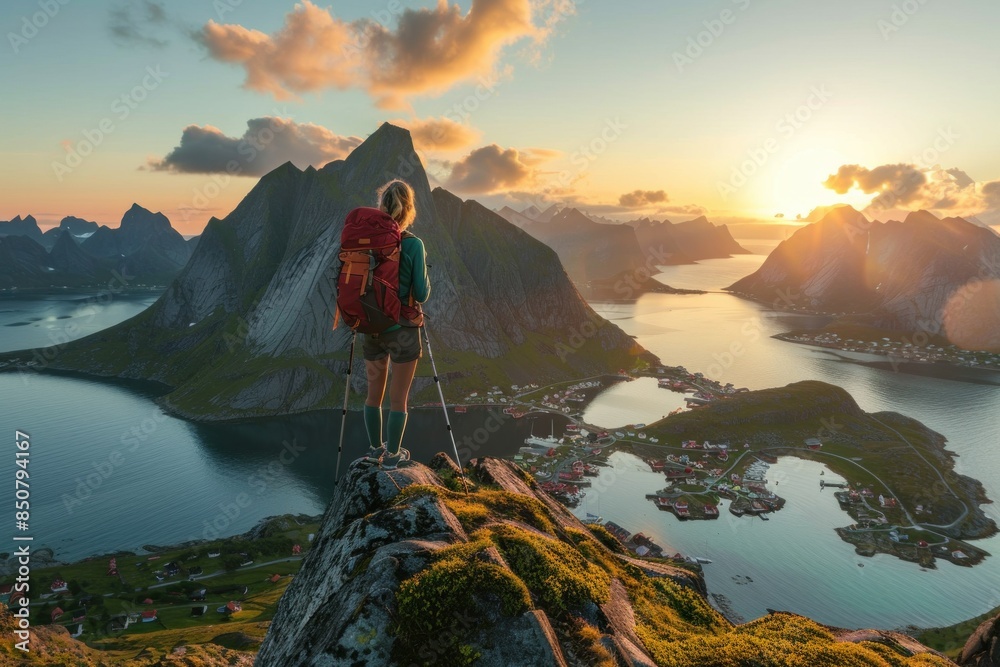 Wall mural Woman standing on top of mountain overlooking ocean and mountains at sunset during travel adventure