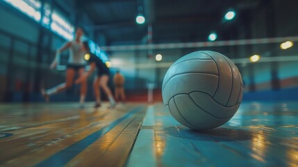 Close-up of a volleyball on an indoor court with players in the background during a game. Focus is on the volleyball.