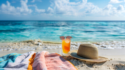 relajacion y tranquilidad en un dia soleado en la playa disfrutando del mar y de la arena con elementos de playa sombrero lentes bebida y toalla viviendo la vida viajando