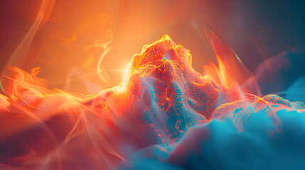 Abstract Fiery Landscape with Digital Elements in Orange and Blue
