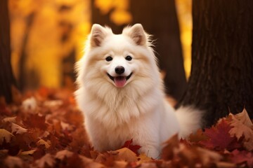 Portrait of a cute american eskimo dog isolated on background of autumn leaves