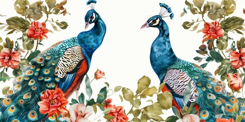 Naklejka premium Banner with peacocks on a tree.