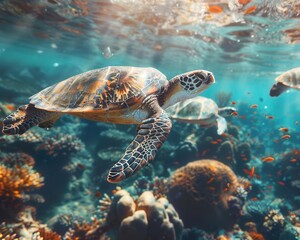 Obraz premium Sea turtles swimming in a clear coral reef, vibrant marine life surrounding, sunlight filtering through water, wideangle underwater shot, vivid and lively