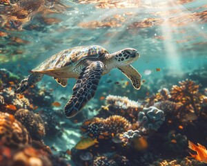 Obraz premium Sea turtles swimming in a clear coral reef, vibrant marine life surrounding, sunlight filtering through water, wideangle underwater shot, vivid and lively