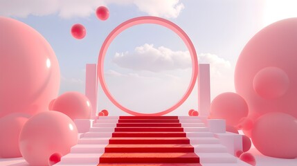 Surreal Pink Staircase with Spherical Elements in Minimalist Architectural Setting
