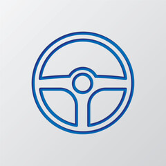 Wheel simple icon. Flat design. Paper cut design. Cutted blue symbol with shadow. Gray background