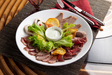 Assorted meat delicacies in a plate.