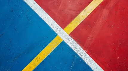 Closeup of colorful geometric lines on a surface, featuring bold blue and red sections intersected by white and yellow stripes.