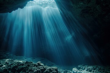 Ethereal underwater scene with rays of sunlight filtering through the water