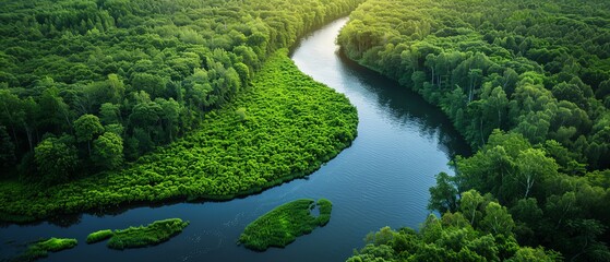 Fototapeta premium Aerial view of a winding river surrounded by lush green forest