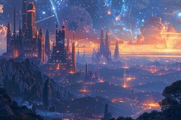 Obraz premium Alien Cityscape at Sunset With Falling Stars