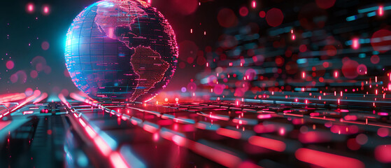 Digital globe above a keyboard, glowing red and blue data streams, futuristic and techcentric