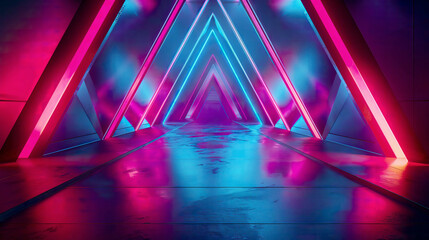 A high-resolution 3D illustration of an abstract flight through a futuristic corridor with a triangle background