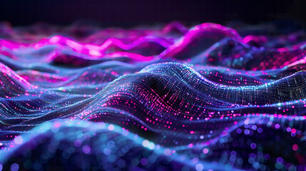 Obraz premium A high-resolution 3D illustration of an abstract digital landscape with flowing particles big data technology and sound wave visualization