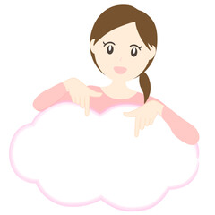 両手で吹き出し内の下を指差し人物の注目を集めようとする若い日本人女性のイラスト