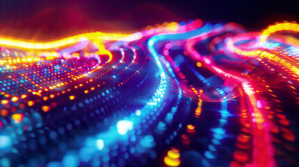 A high-resolution 3D render of an abstract futuristic neon background with glowing ascending lines a mix of neon colors like red blue and yellow