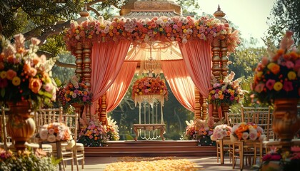 Ornate wedding mandap decorated with flowers and drapes, traditional setting