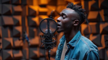 A professional singer standing in a soundproof studio, passionately singing into a high-quality microphone. The background showcases acoustic panels and sound equipment, creating an immersive