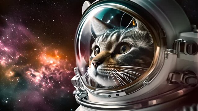 Cat astronaut floating in outer space wearing a helmet