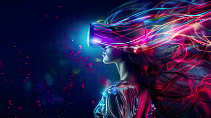 A high-resolution image of a beautiful woman with flowing hair in a futuristic dress set against a dark background